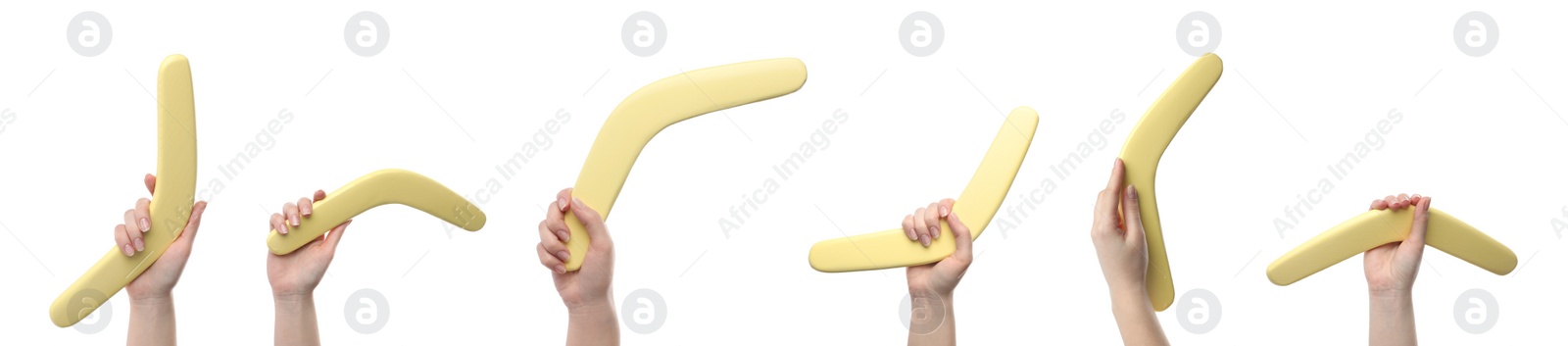 Image of Collage with photos of women holding yellow boomerangs on white background, closeup. Banner design