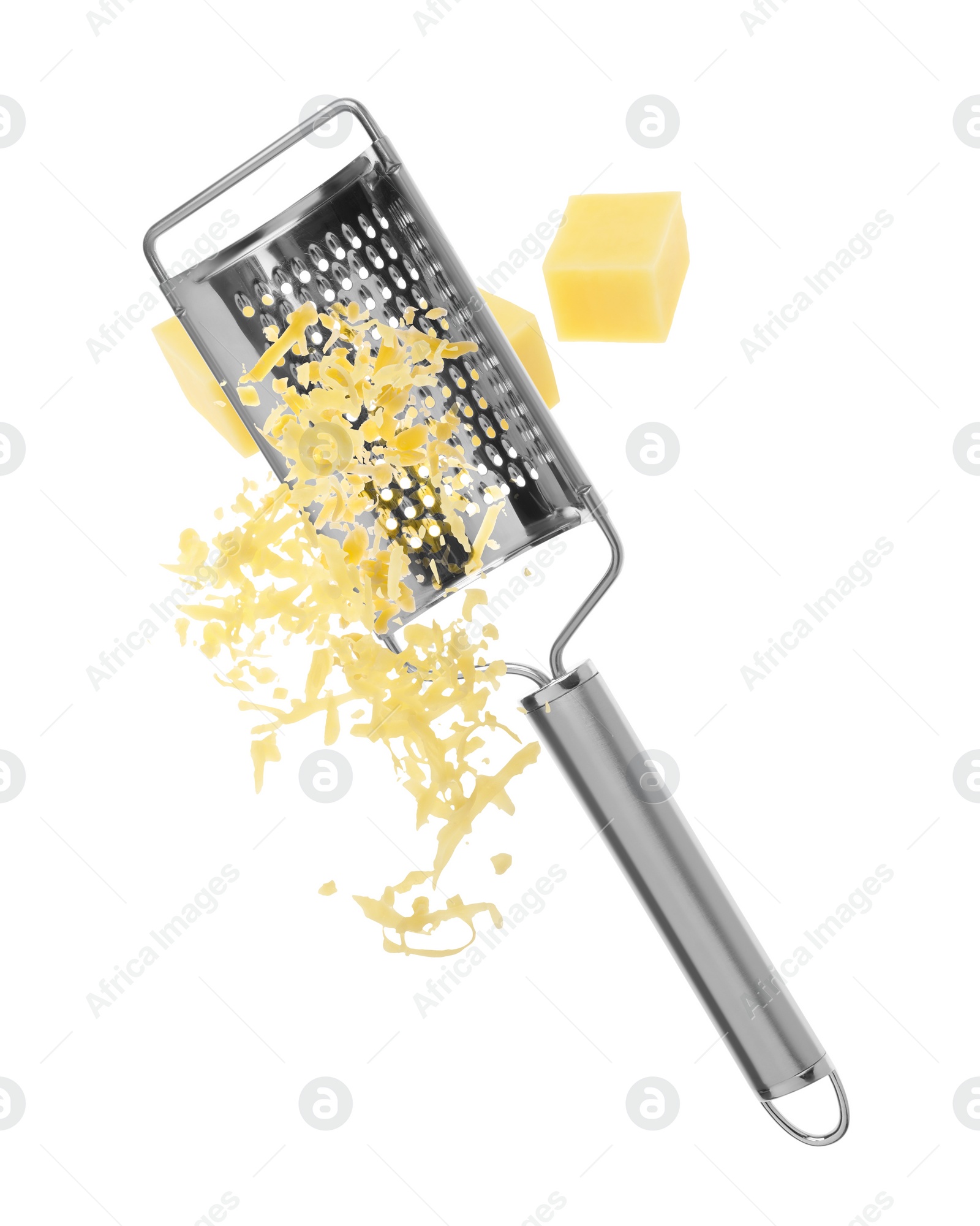 Image of Grating cheese with hand grater in air on white background