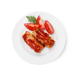 Photo of Plate of delicious stuffed cabbage rolls and tomatoes isolated on white, top view