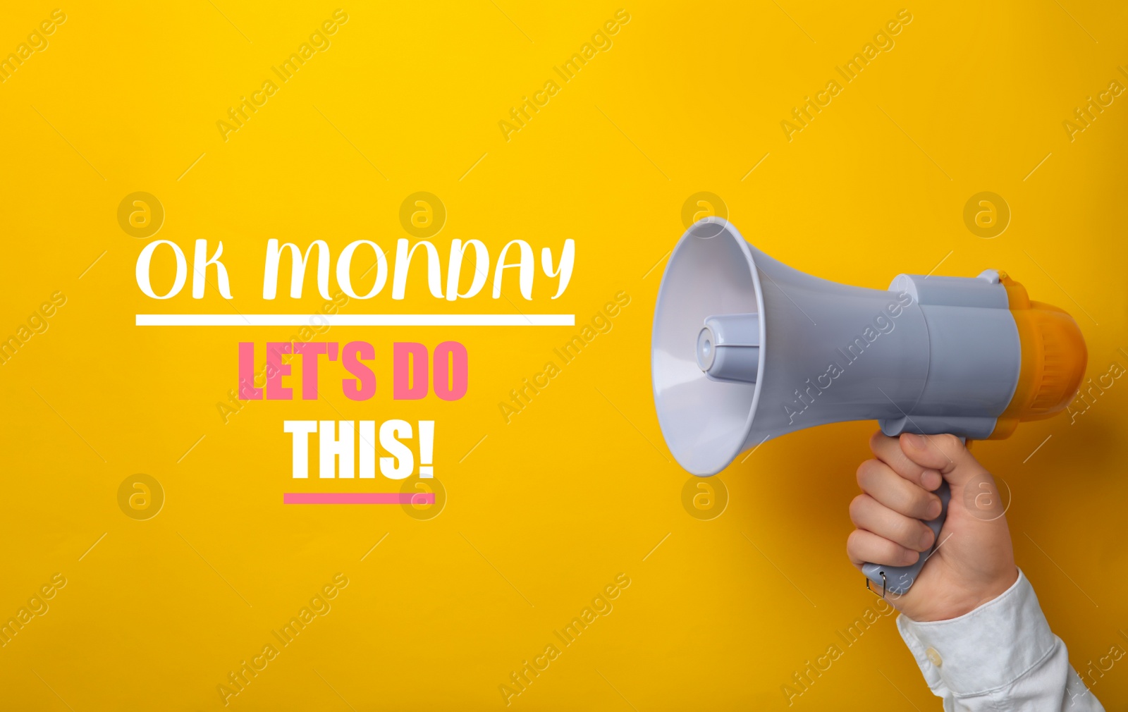 Image of OK Monday, Let's Do This! Motivational quote and man with megaphone on yellow background, closeup