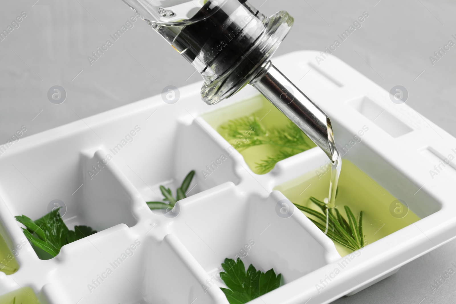 Photo of Pouring oil into ice cube tray with herbs, closeup