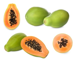 Image of Set with fresh ripe papaya fruits on white background