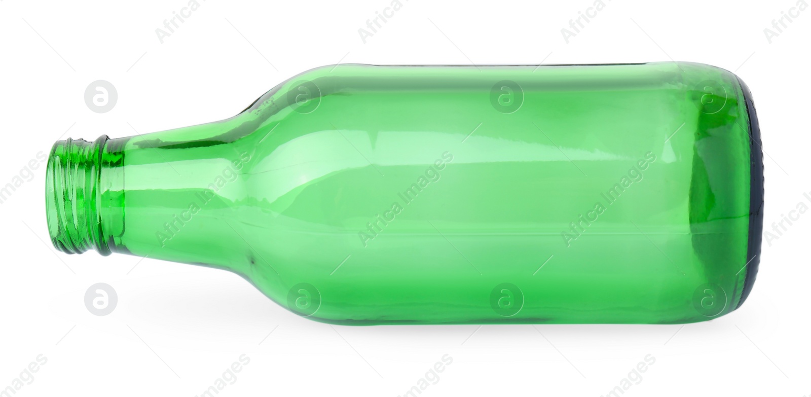 Photo of One empty green beer bottle isolated on white