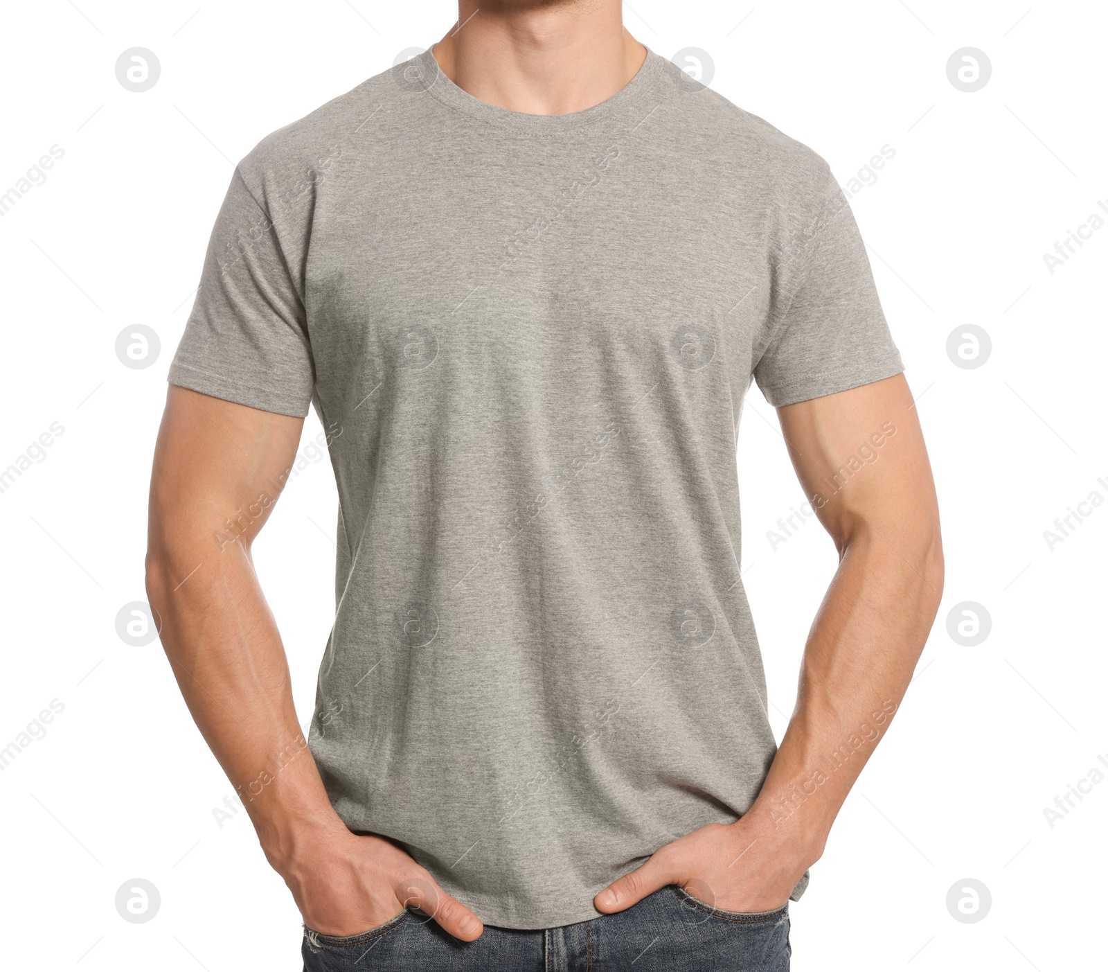 Photo of Man wearing grey t-shirt on white background, closeup. Mockup for design