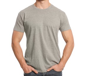 Photo of Man wearing grey t-shirt on white background, closeup. Mockup for design