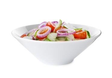 Photo of Fresh tasty salad with cucumber in bowl on white background