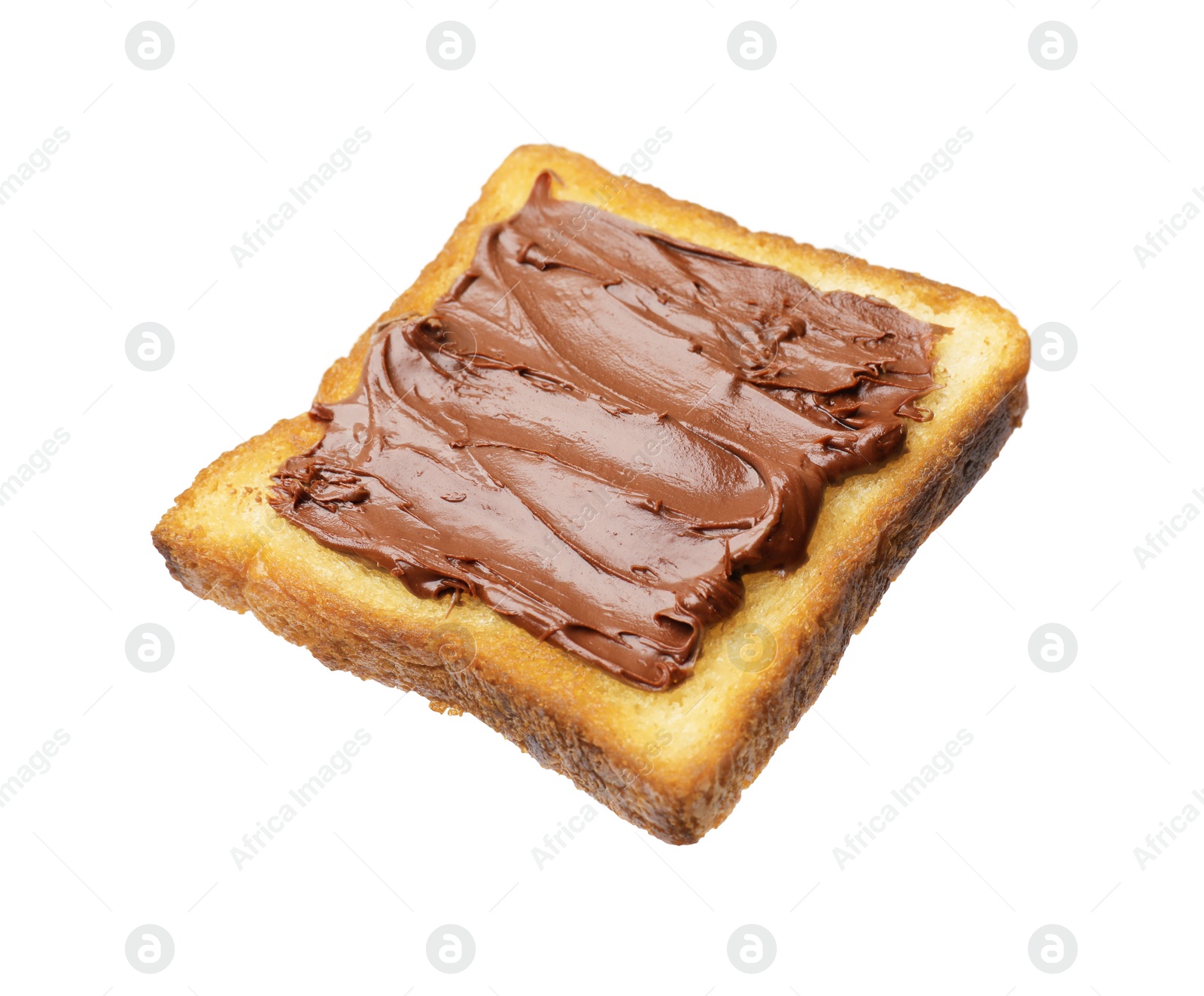 Photo of Piece of fresh toast bread with tasty chocolate paste isolated on white