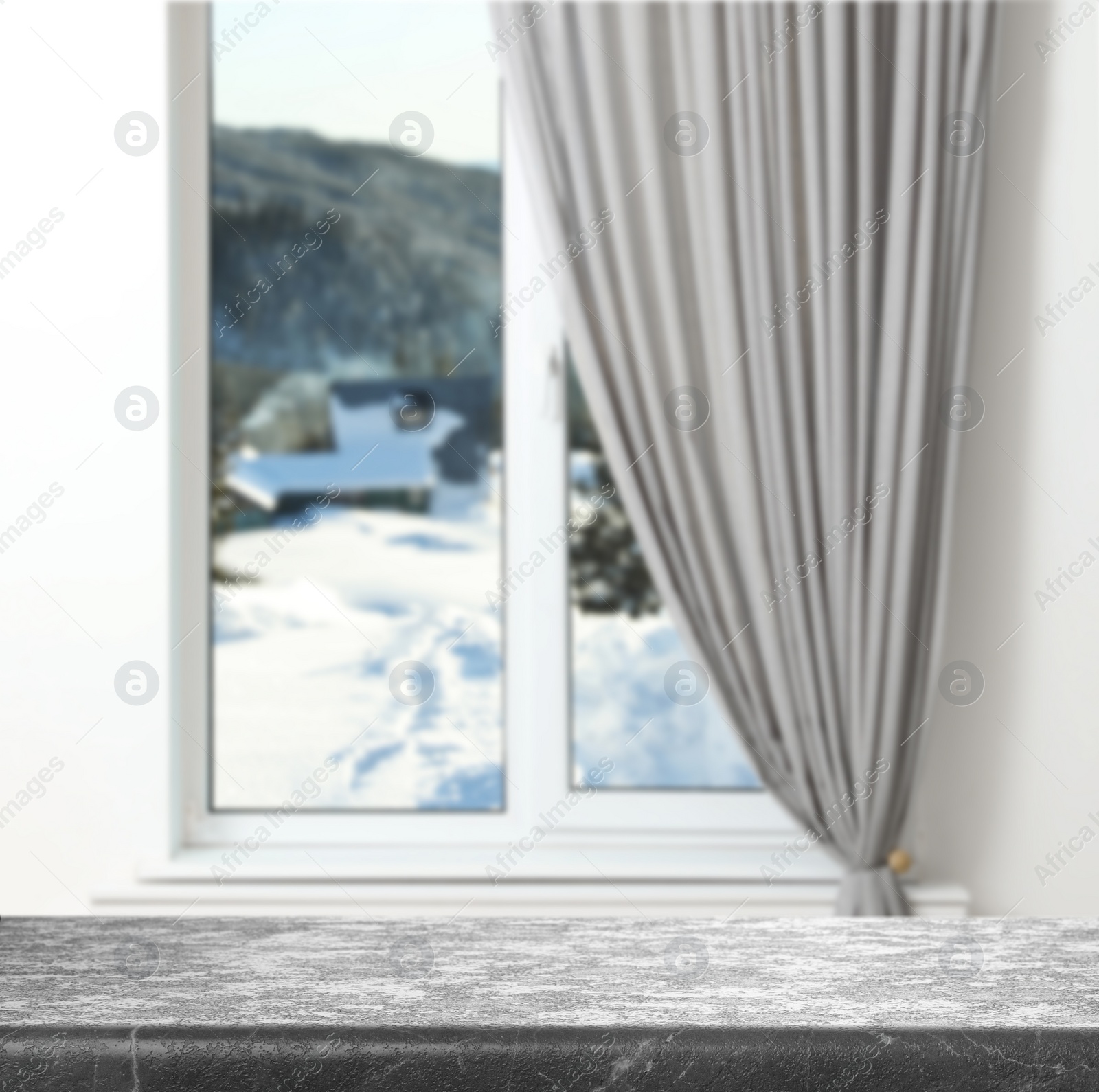 Image of Empty stone table and window with beautiful view indoors