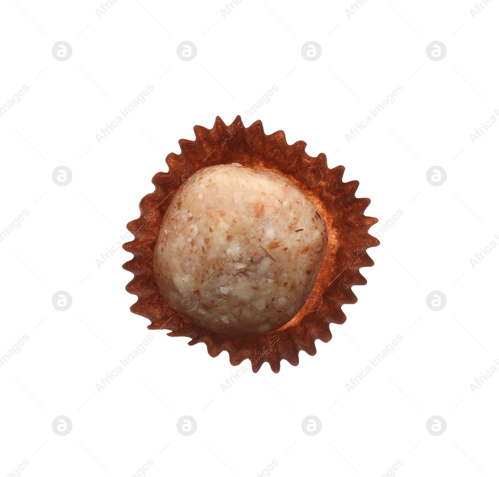 Photo of Delicious chocolate candy isolated on white, top view