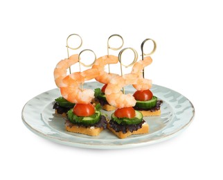 Photo of Tasty canapes with shrimps, cucumber, greens and tomatoes isolated on white