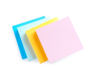 Blank colorful sticky notes on white background, top view