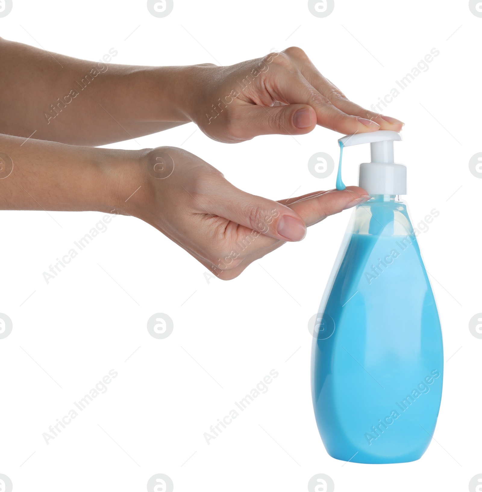 Photo of Woman using liquid soap dispenser on white background, closeup