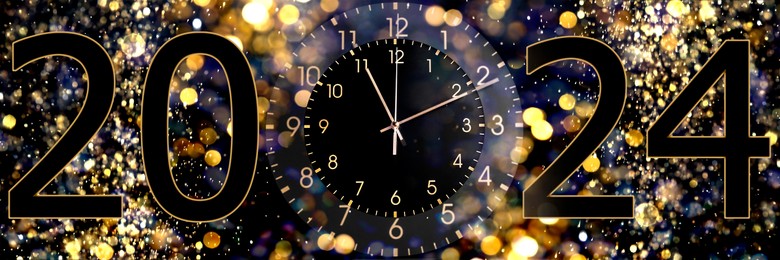 Image of New Year greeting card with numbers 2024 and clock against blurred lights, banner design