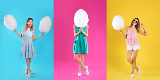Image of Collage with photos of young woman holding cotton candy on color background. Banner design