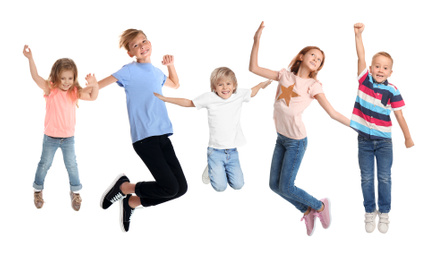 Image of Collage with photos of jumping children on white background