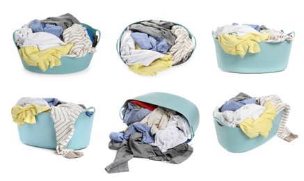 Collage with plastic laundry basket full of clothes on white background, views from different sides
