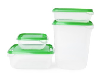 Photo of Empty plastic containers on white background. Food storage