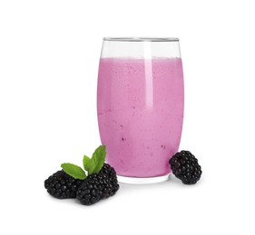 Photo of Freshly made blackberry smoothie in glass on white background