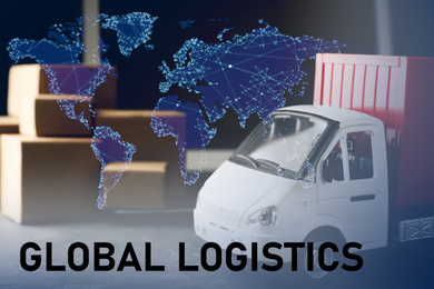 Image of Global logistics concept. Truck with boxes and world map