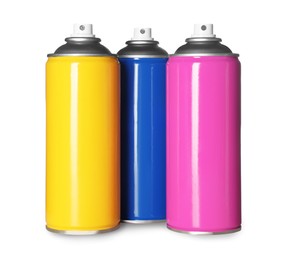 Photo of Colorful cans of spray paints on white background