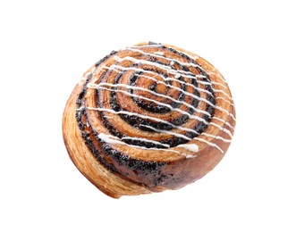 One delicious roll with poppy seeds and topping isolated on white. Sweet bun