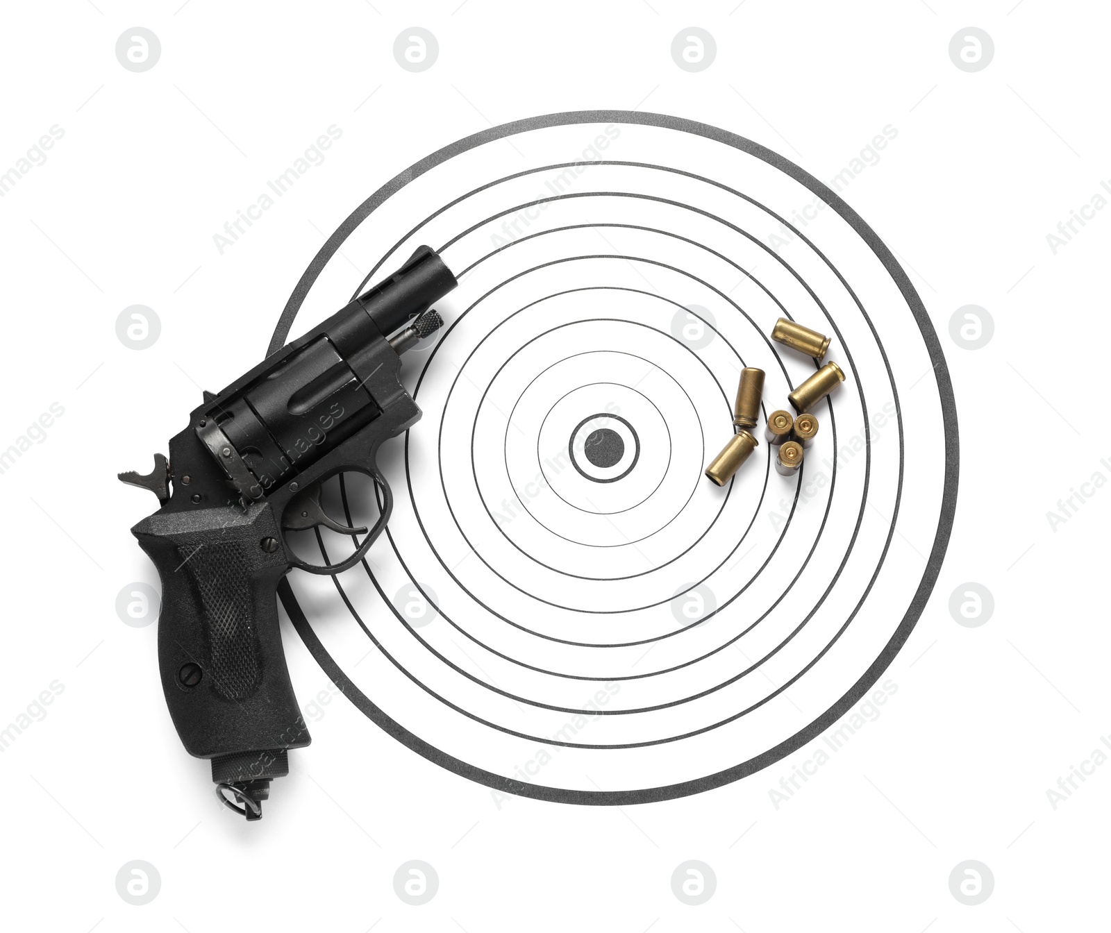 Photo of Shooting target, handgun and bullets isolated on white, top view