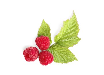 Photo of Fresh red ripe raspberries with green leaves isolated on white, top view
