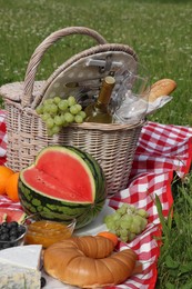 Picnic blanket with delicious food and wine outdoors on summer day