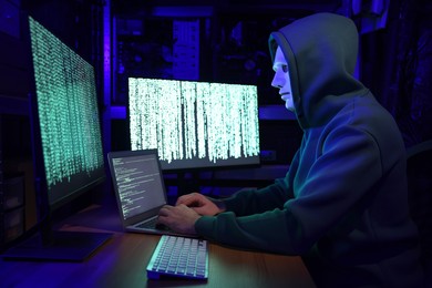 Photo of Hacker working with computers in dark room. Cyber attack