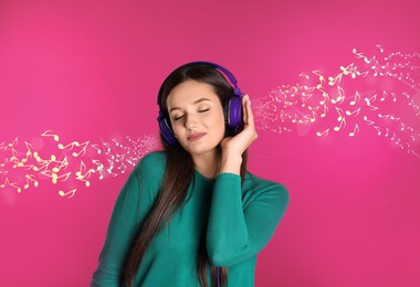 Beautiful woman listening to music on pink background. Music notes illustrations flowing from headphones
