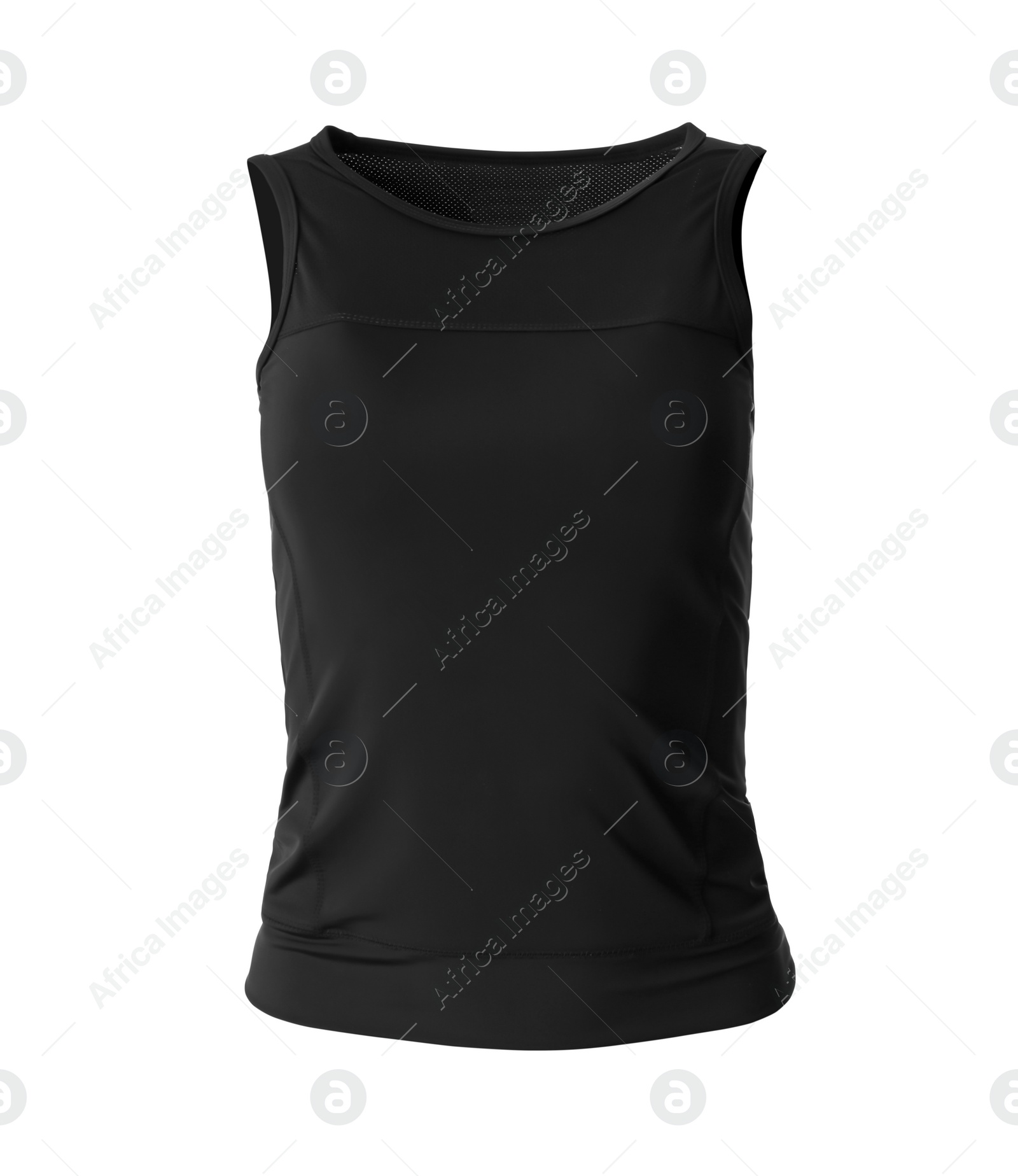 Photo of Black women's top isolated on white. Sports clothing