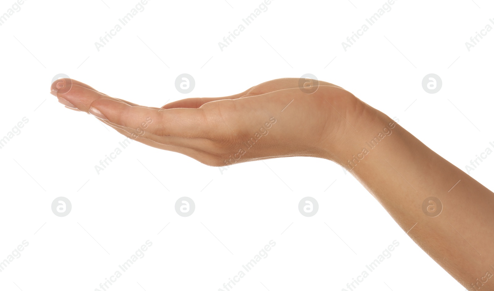 Photo of Woman holding something on white background, closeup