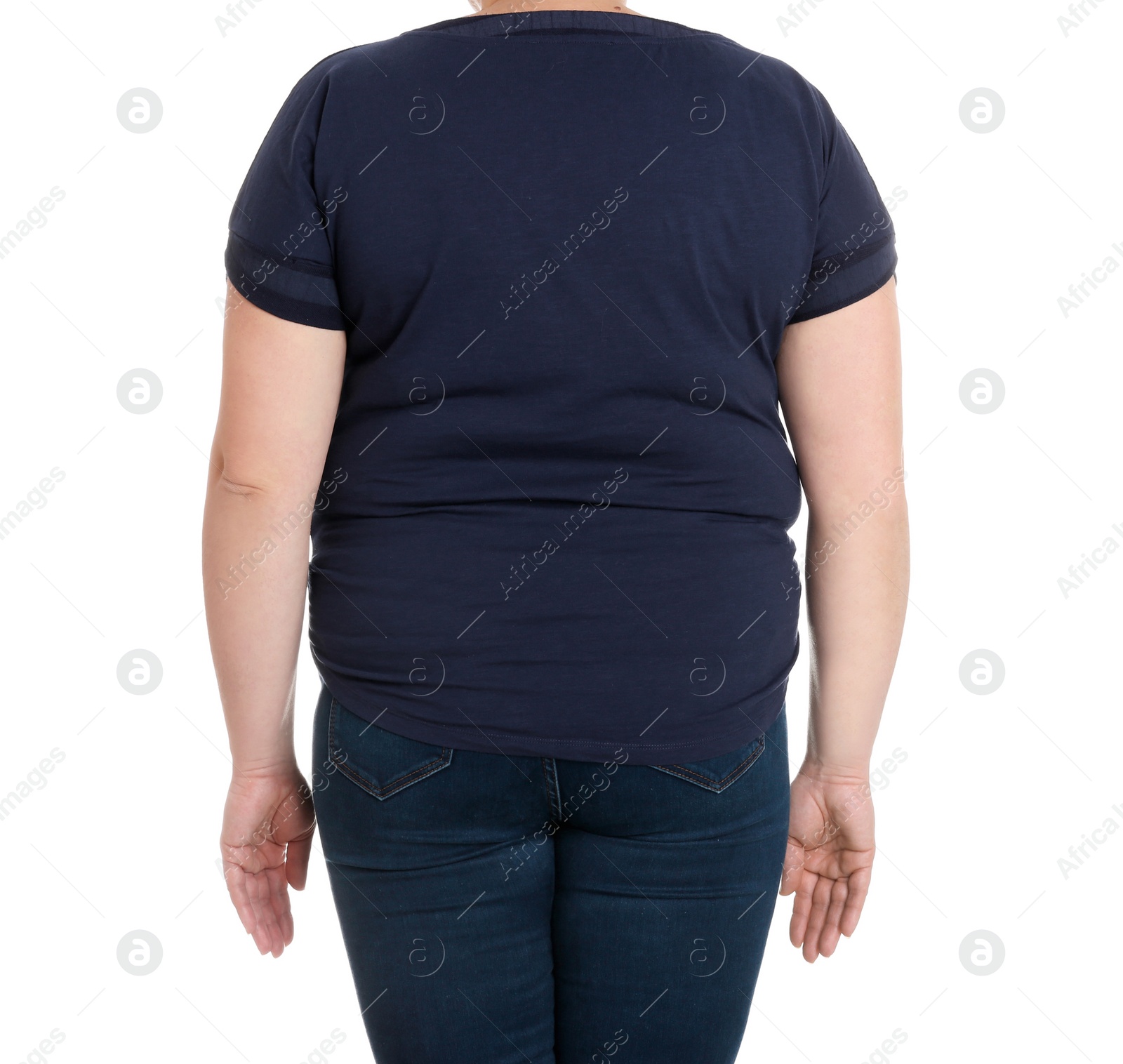 Photo of Overweight woman on white background, closeup. Weight loss