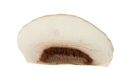 Photo of Slice of raw mushroom on white background