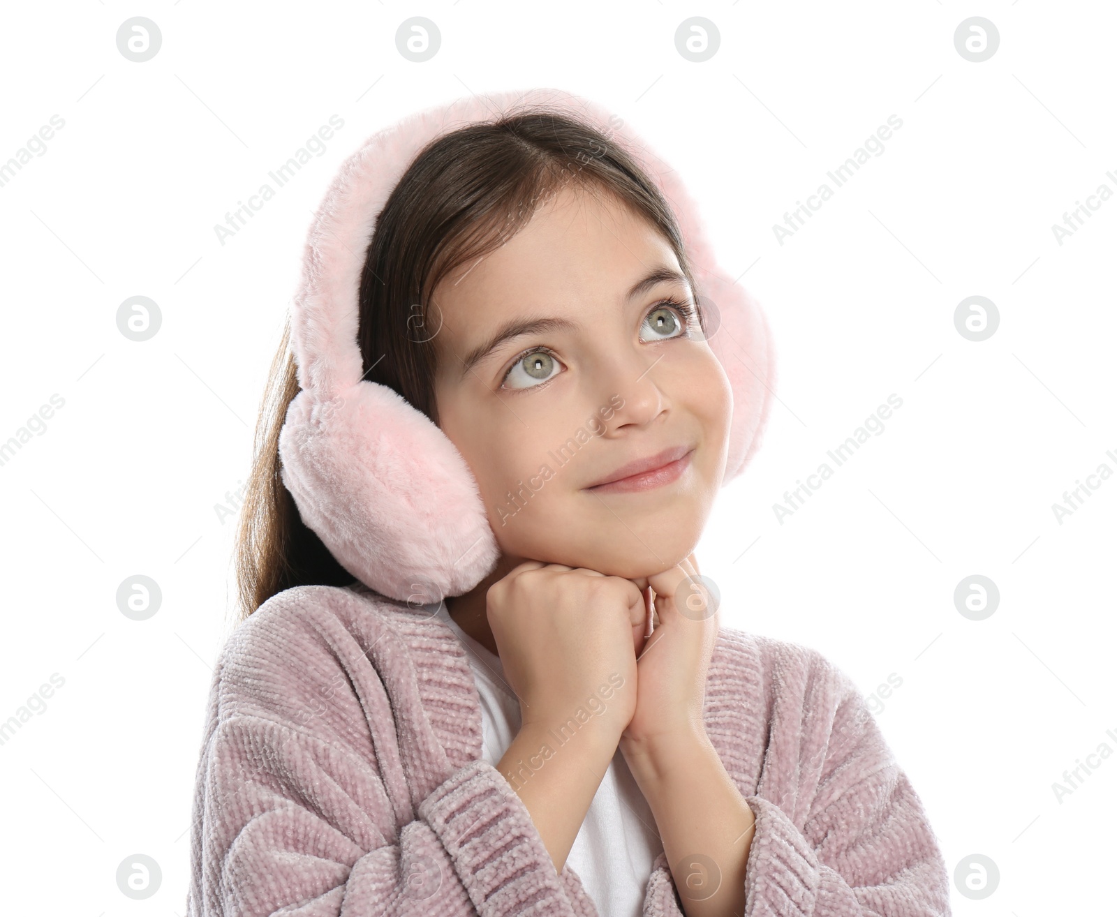 Photo of Cute girl wearing stylish earmuffs on white background