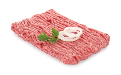 Photo of Raw ground meat, onion and parsley isolated on white