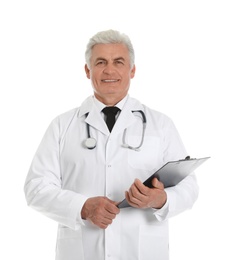 Portrait of male doctor with clipboard isolated on white. Medical staff
