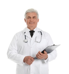 Photo of Portrait of male doctor with clipboard isolated on white. Medical staff