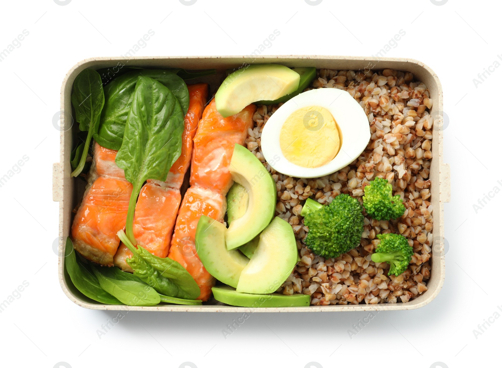 Photo of Container with natural healthy lunch on white background, top view. High protein food