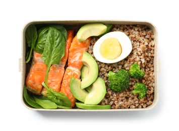 Container with natural healthy lunch on white background, top view. High protein food