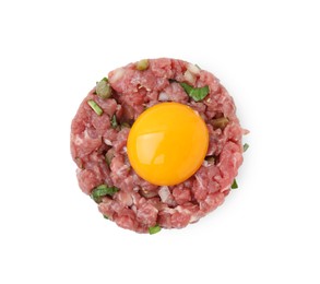 Photo of Tasty beef steak tartare served with yolk isolated on white, top view