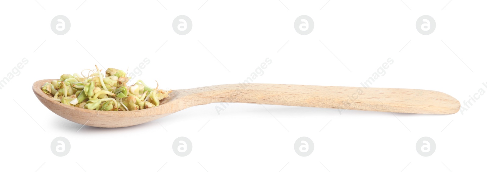 Photo of Wooden spoon of sprouted green buckwheat isolated on white