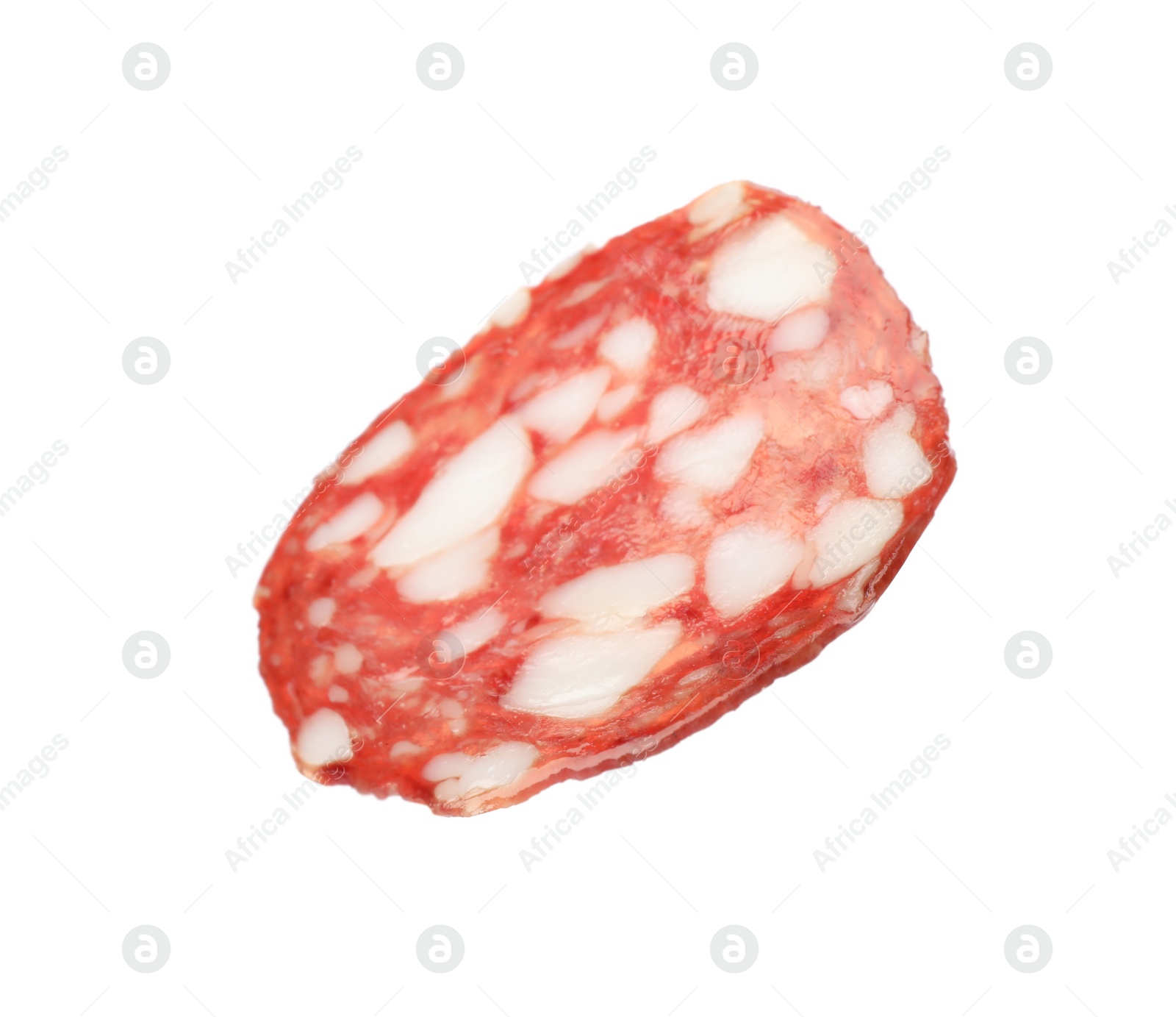 Photo of Cut fresh tasty sausage on white background