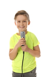 Cute boy with microphone on white background