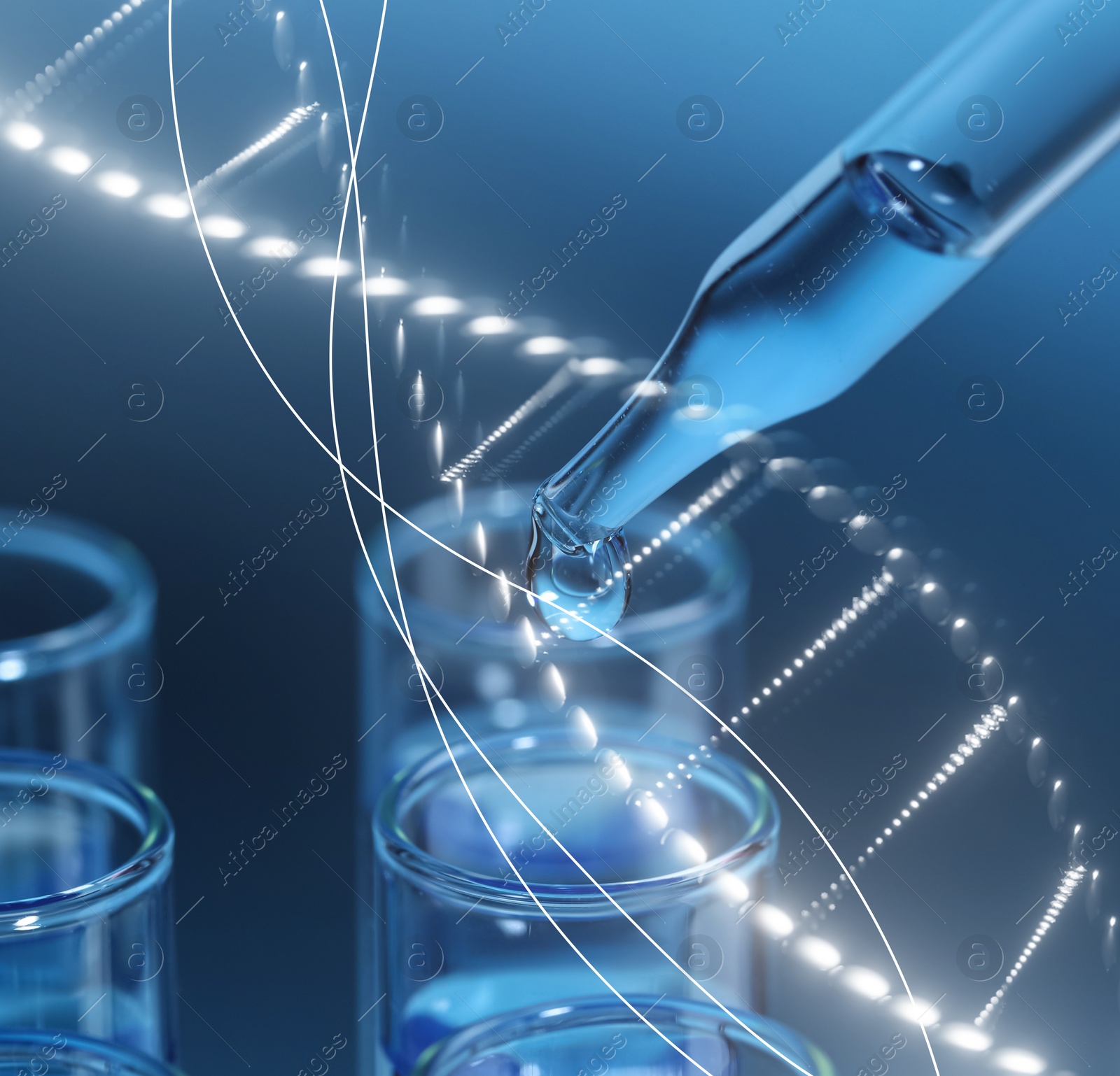 Image of Studying chemistry. Dripping reagent into test tube and double helix illustration, double exposure