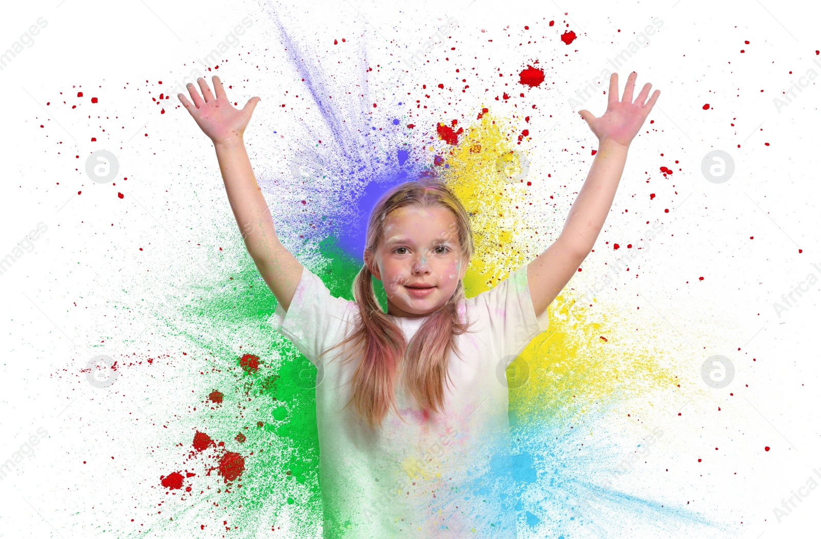 Image of Holi festival celebration. Happy little girl covered with colorful powder dyes on white background