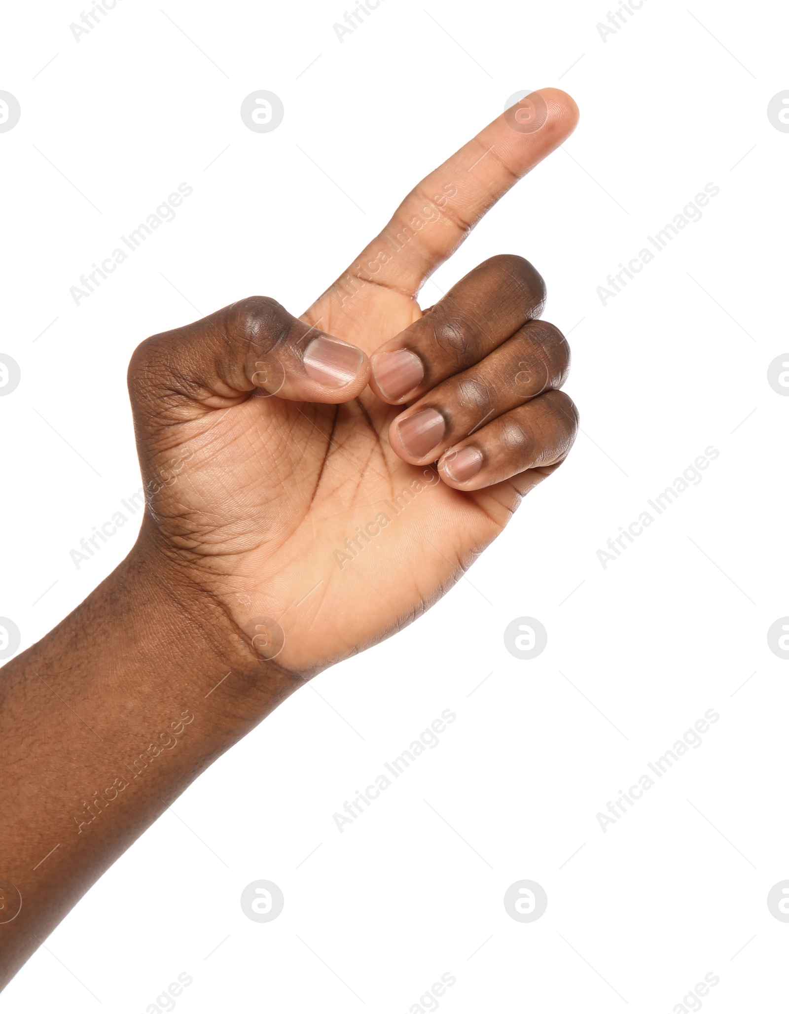 Photo of African-American man pointing at something on white background, closeup