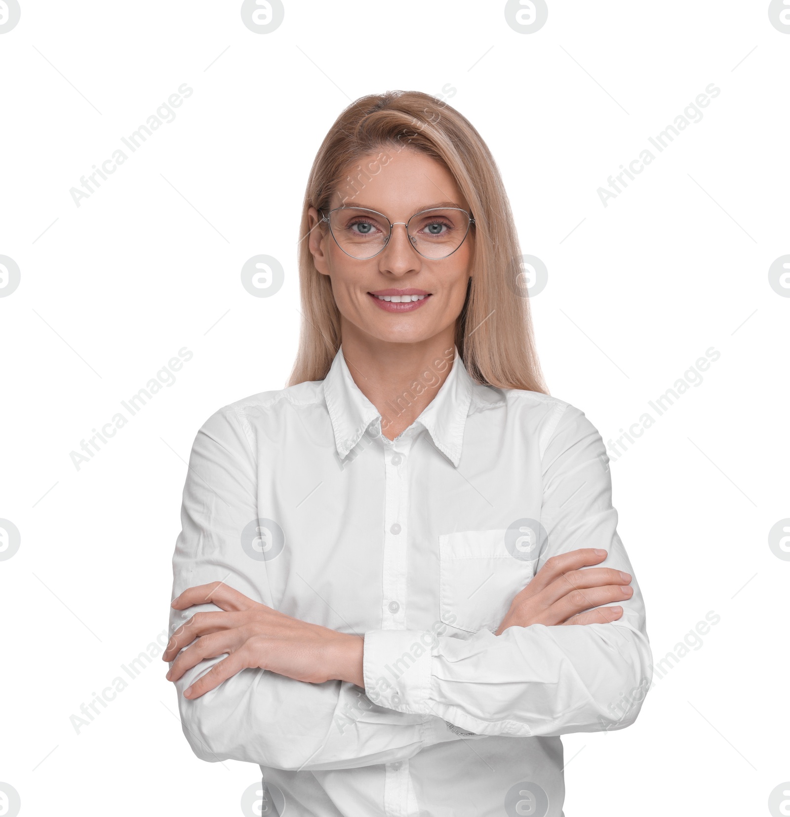 Photo of Portrait of smiling woman in glasses on white background. Lawyer, businesswoman, accountant or manager