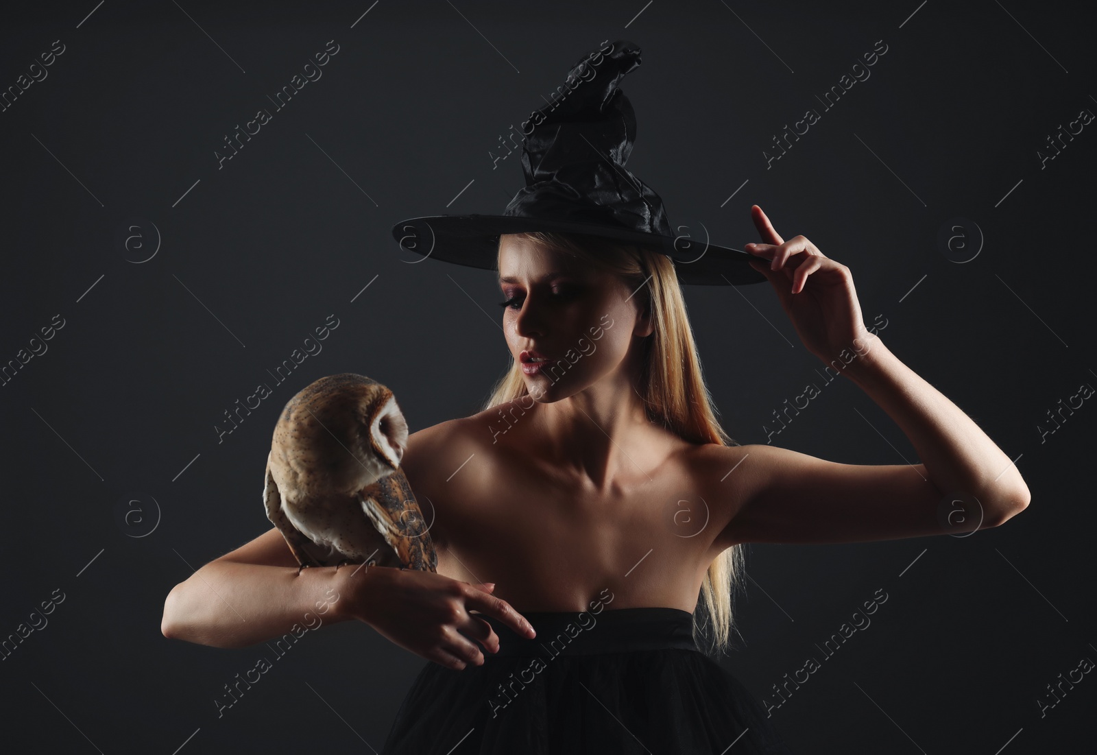 Photo of Witch in black hat with owl on dark background. Scary fantasy character