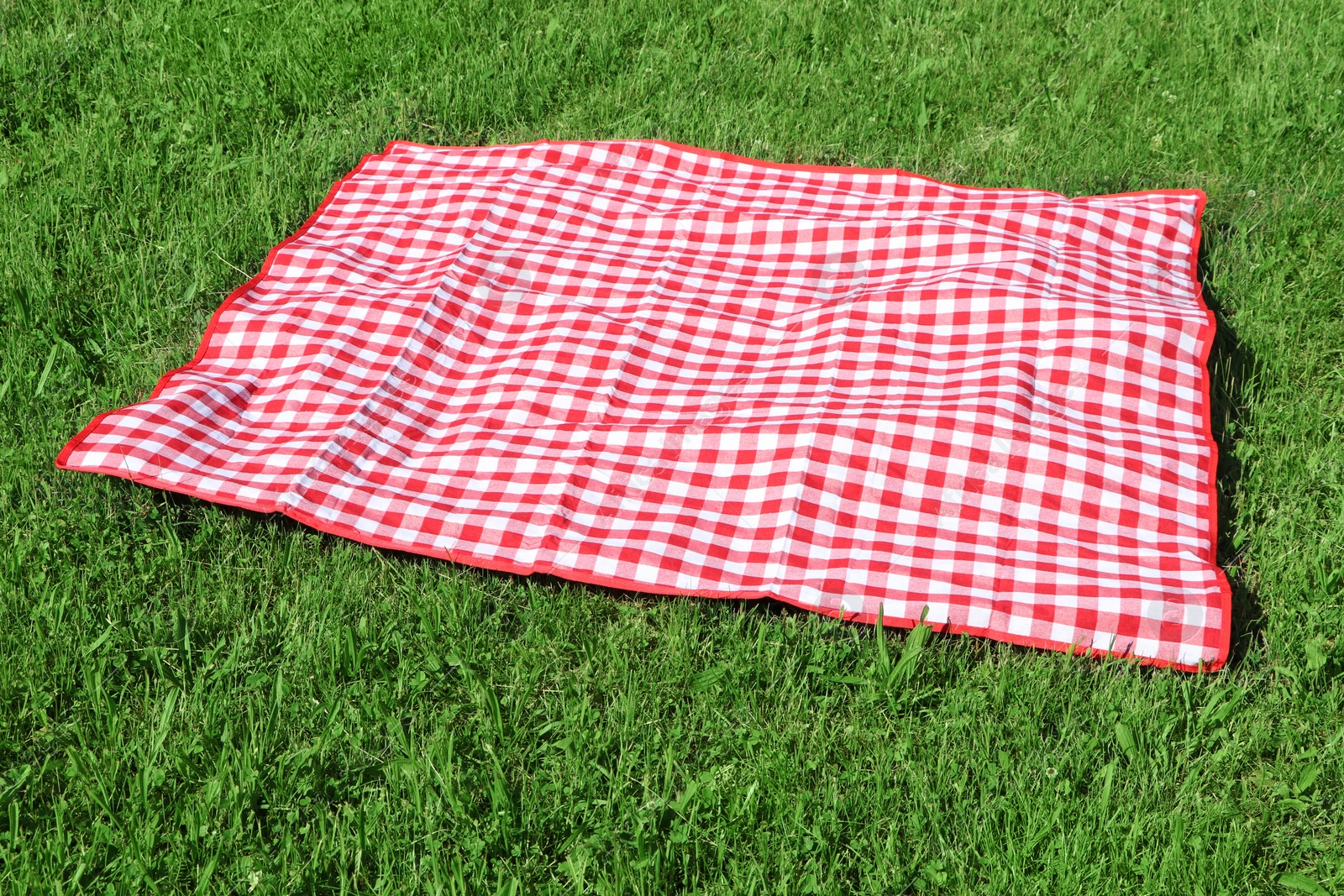 Photo of Checkered picnic tablecloth on fresh green grass outdoors